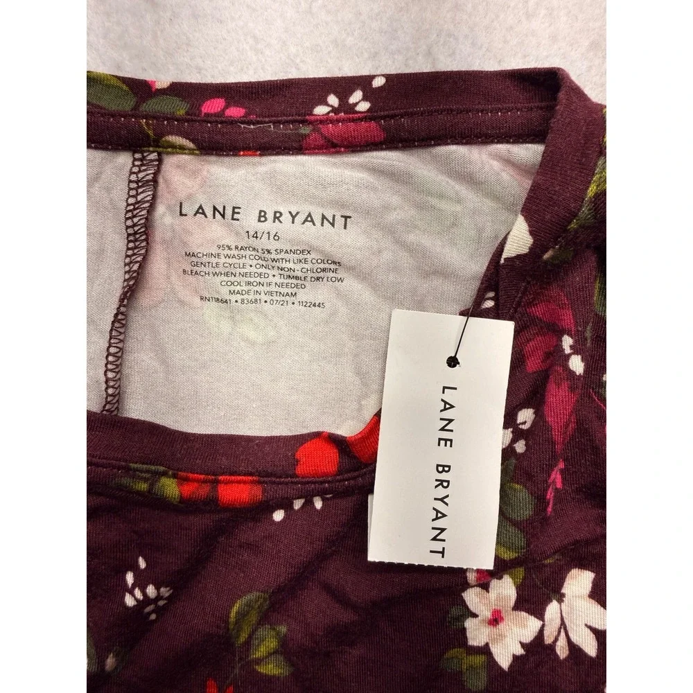 Lane Bryant Womens 14/16 Burgundy Floral Long Sleeve Rayon Stretch Top NWT